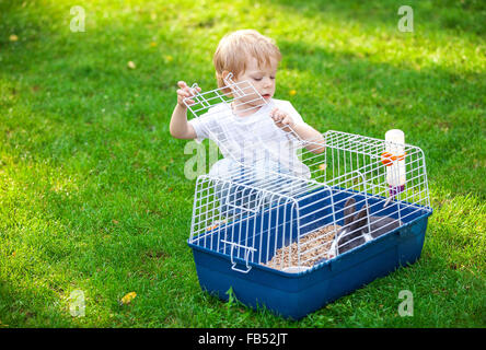 Süsser Boy öffnen einen Käfig mit einem Haustier Kaninchen in einem park Stockfoto