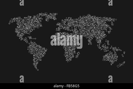 Weltkarte der weißen Quadrate auf schwarzem Hintergrund Stock Vektor