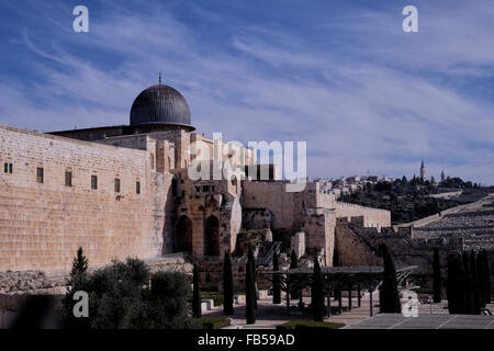 Blick auf den archäologischen Park und die El-Aksa-Moschee entlang der südlichen Mauer von Haram al Sharif vom Jerusalemer Archäologischen Park, Altstadt Ost-Jerusalem Israel Stockfoto