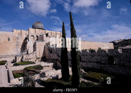 Blick auf den archäologischen Park und die El-Aksa-Moschee entlang der südlichen Mauer von Haram al Sharif vom Jerusalemer Archäologischen Park, Altstadt Ost-Jerusalem Israel Stockfoto