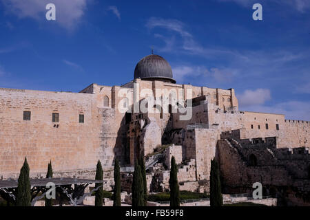 Blick auf den archäologischen Park und die El-Aksa-Moschee entlang der südlichen Mauer von Haram al Sharif vom Jerusalemer Archäologischen Park, Altstadt Ost-Jerusalem Israel Stockfoto