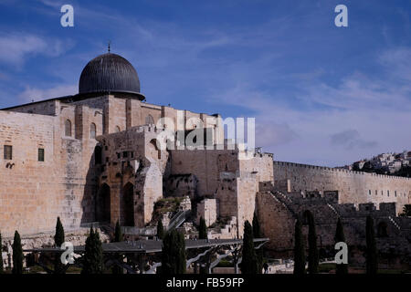 Blick auf den archäologischen Park und die El-Aksa-Moschee entlang der südlichen Mauer von Haram al Sharif vom Jerusalemer Archäologischen Park, Altstadt Ost-Jerusalem Israel Stockfoto