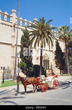 Pferdekutsche neben der Lonja. Palma De Mallorca, Balearen, Spanien. Stockfoto