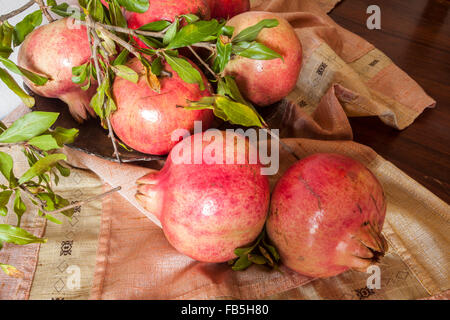 Frisch gepflückten Früchte vom Baum auf einem Holztisch und rosa Tischdecke. Stockfoto