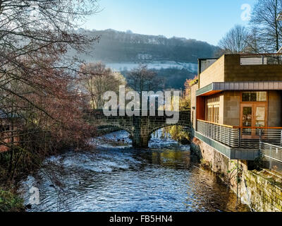 Ein Blick auf die alte Brücke der Lastesel in Hebden Bridge, West Yorkshire. Stockfoto