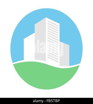 Emblem mit Gebäuden in Eco Ort isoliert auf weiss Stock Vektor