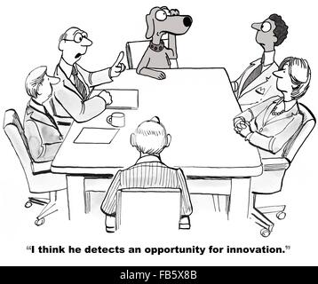 Geschäftliche Cartoon über Innovation.  Der Business-Hund erkennt eine Chance für Innovationen. Stockfoto