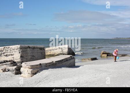 Eine ältere Frau Muscheln sammeln am Strand von Fort De Soto Park in St. Petersburg, Florida. Stockfoto
