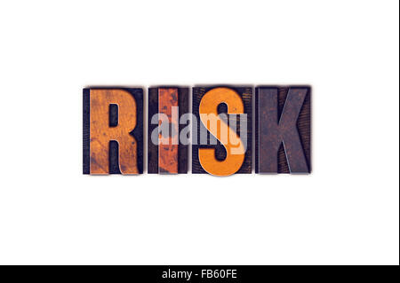 Das Wort "Risiko" auf einem weißen Hintergrund in isolierten Vintage Holz Buchdruck Art geschrieben. Stockfoto