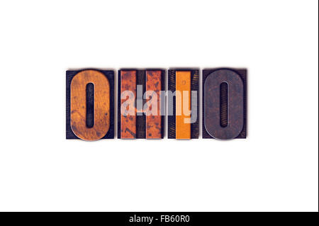 Der Wort "Ohio" geschrieben isolierten Vintage Holz Buchdruck Typ auf einem weißen Hintergrund. Stockfoto