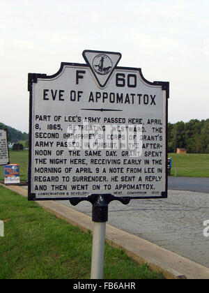 EVE OF APPOMATTOX Teil von Lees Armee bestanden hier, 8. April 1865, Rückzug nach Westen.  Die zweite (Humphrey) Grants Armee übergeben, in der Verfolgung, am Nachmittag des gleichen Tages.  Grant verbrachte die Nacht hier, erhalten in den frühen Morgenstunden des 9. April eine Notiz von Lee in Zusammenhang zu ergeben.  Er beantwortete und fuhr dann fort, Appomattox.  Erhaltung & Development Commission, 1930 Stockfoto