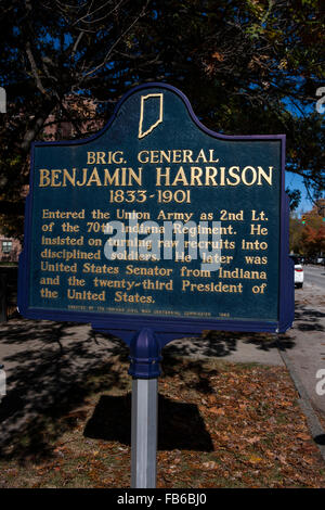 BRIG. GENERAL BENJAMIN HARRISON 1833-1901 trat die Unionsarmee als 2nd Lt. des Regiments 70. Indiana. Er bestand darauf, Rekruten in disziplinierten Soldaten zu verwandeln. Er war später Vereinigte Staaten Senator von Indiana und der 23. Präsident der Vereinigten Staaten.  Von Indiana Bürgerkrieg Centennial Commission 1963 errichtet Stockfoto