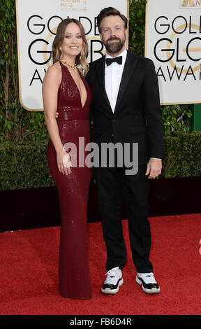 Los Angeles, Kalifornien, USA. 10. Januar 2016. Jason Sudeikis und Olivia Wilde kommt bei den Golden Globes, Los Angeles, CA-Credit: Sydney Alford/Alamy Live News Stockfoto