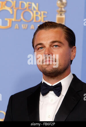 Beverly Hills, Kalifornien, USA. 10. Januar 2016. US-Schauspieler Leonardo DiCaprio posiert im Presseraum der 73rd Annual Golden Globe Awards, Golden Globes, im Hotel Beverly Hilton in Beverly Hills, Los Angeles, USA, 10. Januar 2016. Foto: Hubert Boesl/Dpa - NO-Draht-Dienst- Stockfoto