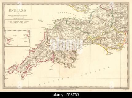 Süd-WEST ENGLAND: Cornwall Devon Somerset Dorset Scilly-Inseln. SDUK, 1848-Karte Stockfoto