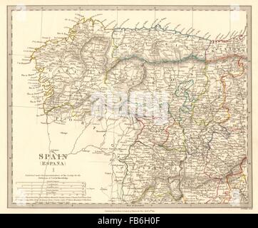 Spanien-NW: Galicien Leon Asturien Zamora Palencia Toro Salamanca. SDUK, 1848-Karte Stockfoto