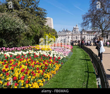 St James' Park, London - Menschen genießen das bunte Display Frühlingsblumen bei warmem Wetter Stockfoto