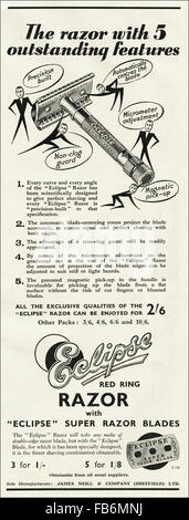 Original Vintage Anzeige aus der 1930er Jahre. Werbung ab Oktober 1939, zu Beginn des zweiten Weltkriegs, Werbung Eclipse Rasierklingen. Stockfoto
