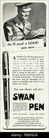 Original Vintage Anzeige aus der 1930er Jahre. Werbung ab Oktober 1939, zu Beginn des zweiten Weltkriegs Werbung Swan Füllfederhalter. Stockfoto