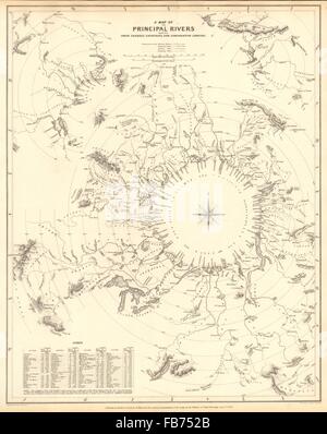 Flüsse der Welt: Vergleichende Längen der wichtigsten Flüsse. Countries.SDUK, 1848-Karte Stockfoto