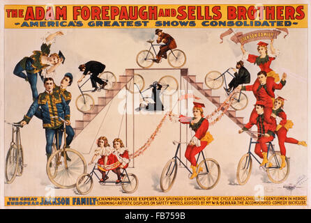 Adam Forepaugh und Sells Brothers Amerikas größten Shows konsolidiert, das großen europäischen Jackson Familie, Champion Fahrrad Experten, Zirkus-Poster, ca. 1899 Stockfoto