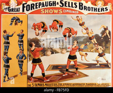 Die großen Wirtschaftswissenschaftler und Sells Brothers Shows kombiniert, die 5 berühmte Millettes herausragende akrobatische Wunder, Zirkus-Plakat, ca. 1899 Stockfoto