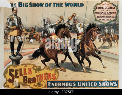 Verkauft von Gebrüder enorme Vereinten Shows, mittelalterlichen Ritter im Kampf, Zirkus-Plakat, ca. 1880 Stockfoto