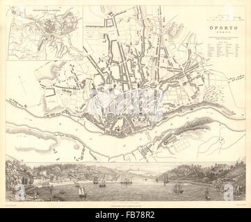 OPORTO PORTO: Antike Stadt Karte Stadtplan & Panorama. Einschub-Umgebung. SDUK 1848 Stockfoto