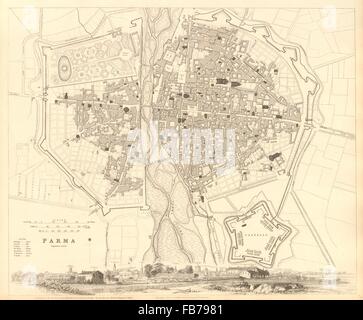 PARMA: Antike Stadt Karte Stadtplan & Panorama. Parme. SDUK, 1848 Stockfoto