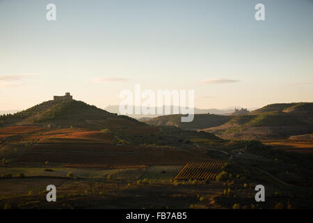 22.10.15 Fluss Ebro und Davalillo Schloss mitten in Weinbergen, in der Nähe von San Asensio, La Rioja, Spanien Stockfoto