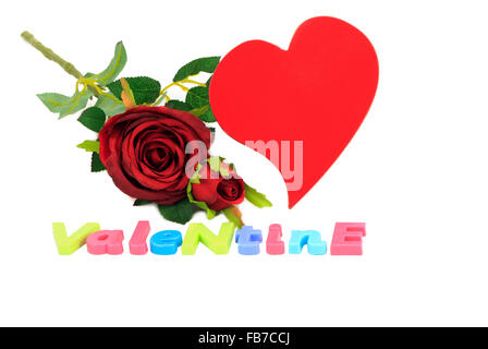 Valentinstag rote rose, rote funky Herz und bunten Buchstaben Valentine isoliert auf weißem Hintergrund Stockfoto