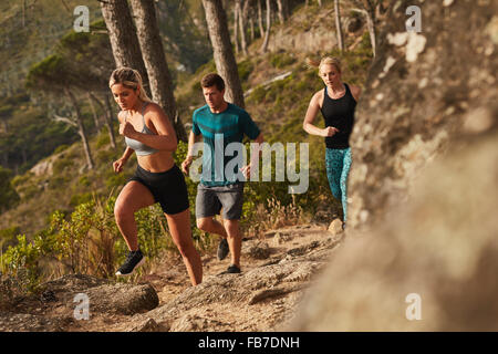 Gruppe von Läufern auf Felsen bergauf laufen. Junge Menschen laufen querfeldein. Stockfoto