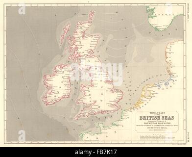 BRITISCHEN Inseln: Gezeiten-Diagramm. Hochwasser. Meerestiefe. Atlantic North Sea, 1850-Karte Stockfoto