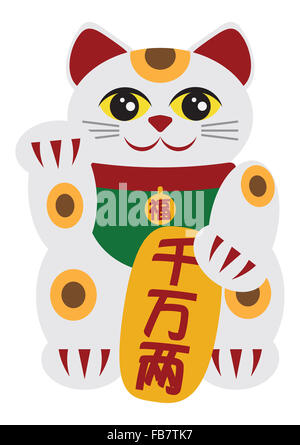 Japanische verlockende Maneki Neko Katze halten Tafel mit Geld und Wohlstand Kanji Wörter isoliert auf weißem Hintergrund Illustratio Stockfoto