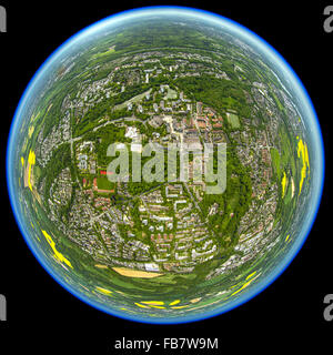 Luftaufnahme, Erkrath-Hochdahl als fisheye Bild fisheye-Objektiv, als Globus, Erkrath, Rheinland, Nordrhein-Westfalen, Deutschland Stockfoto