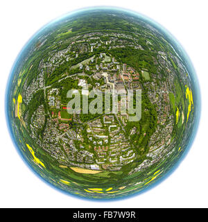 Luftaufnahme, Erkrath-Hochdahl als fisheye Bild fisheye-Objektiv, als Globus, Erkrath, Rheinland, Nordrhein-Westfalen, Deutschland Stockfoto