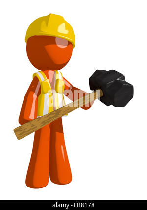 Orange mann Bauarbeiter Mann mit riesigen vorschlaghammer. Stockfoto