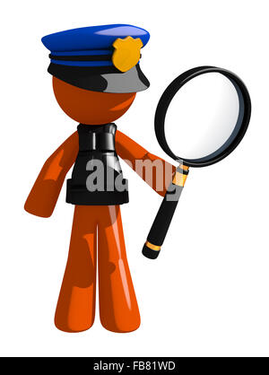 Orange Mann, Polizei, Offizier, der Inhaber Lupe. Stockfoto