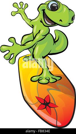 Eine Vektor-Illustration ein Gecko auf einem bunten Surfbrett Surfen. Stock Vektor
