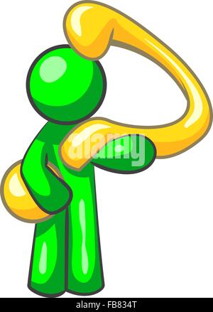 Grüner Mann hält ein großes gold Fragezeichen. Stock Vektor