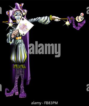 Eine Vektor-Illustration ein Joker hält eine Hofnarr-Karte für den Betrachter auf einem schwarzen Hintergrund. Stock Vektor