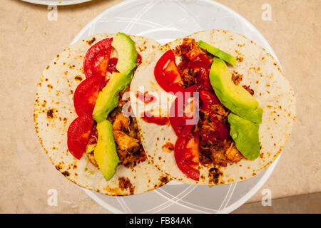 Ein Mehltortilla Chicken Taco mit Avocado, Tomate und Taco-Sauce auf einem Teller Stockfoto