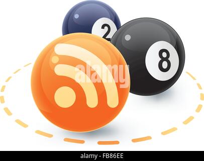Ein Vektor Illustration eines RSS-Bereich, und zwei pool Kugeln im Hintergrund, durch eine gepunktete Linie enthalten, und weichen Schatten. Stock Vektor