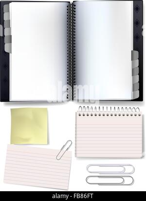 Eine Vektor-Illustration einer fotorealistischen stationären set bestehend aus Veranstalter, gelbe Erinnerung, Büroklammern und Karteikarten. Stock Vektor