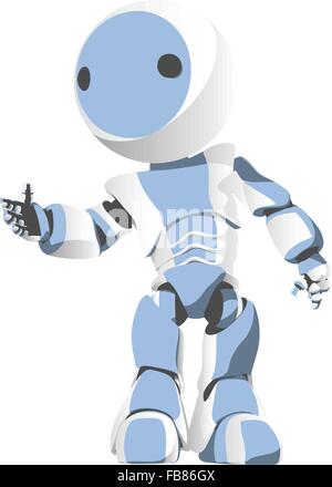 Ein blauer Cartoon Roboter hält seine Hand in eine freundliche und einladende Art. Stock Vektor