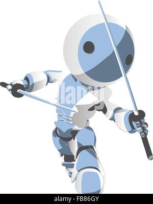 Eine blaue Cartoon Roboter Ninja mit zwei Katanas in eine defensive Haltung. Stock Vektor