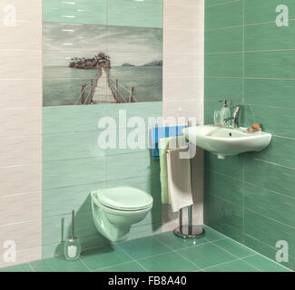 komfortable moderne Badezimmer in grün Stockfoto