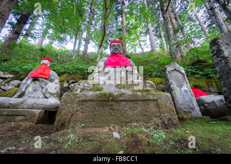 Nahaufnahme von Moos bedeckt Statuen von Jizo in Nikko Stockfoto