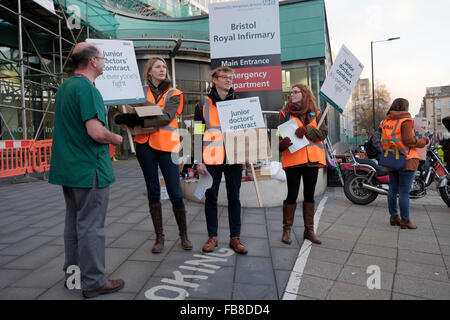 Bristol, UK. 12. Januar 2016. Streikposten sind außerhalb der Bristol Royal Infirmary am Tag abgebildet, die Junior Ärzte streikten, über vorgeschlagene neue Verträge zu protestieren. Bildnachweis: Lynchpics/Alamy Live-Nachrichten Stockfoto