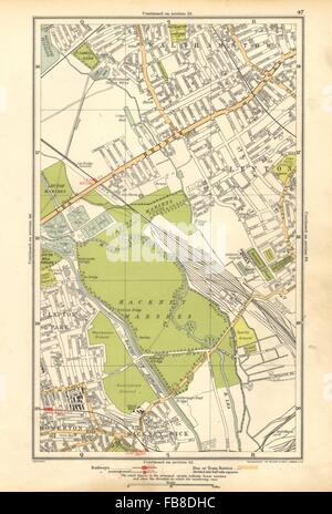 LEYTON: Hackney Marsh/Wick, Homerton, Walthamstow, Clapton Park, 1928 alte Karte Stockfoto